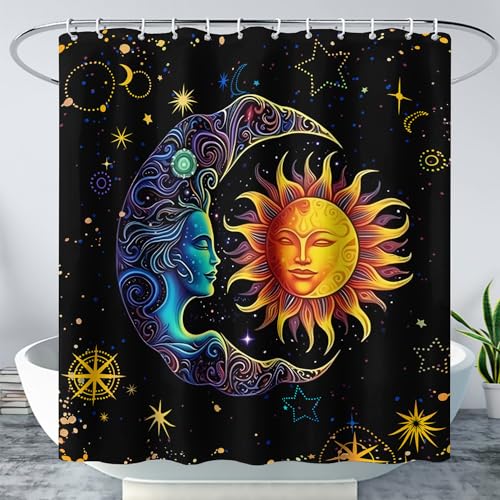 AILONEN Sun and Moon Shower Curtain,Space Galaxy Boho Exotic Sun and Moon Bath Curtain,Celestial Starry Moon Smiles Decoration Waterproof 60