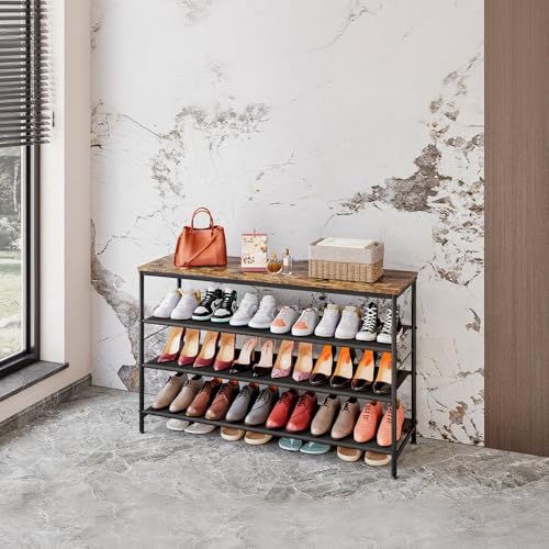 Image of INGIORDAR Shoe Rack Organizer 5 Tier Metal Organizer Shelf with Industrial MDF Board and Layer Fabric for Entryway Closet Bedroom Living Room Garage (Black+Rustic Brown, 4 Tier(47.2 inch W))