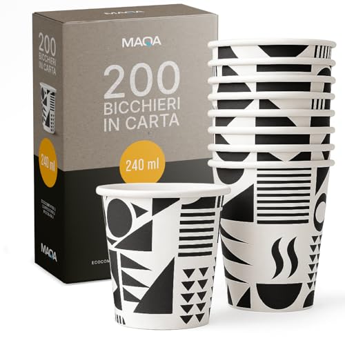 MAQA - 200 Bicchieri Acqua in Carta Da 240 ml, Biodegradabili Monouso -Made in Italy- Bicchieri Carta per Bevande Calde o Fredde, Ideali Per Asporto, Ufficio, Bar, Hotel, Riciclabili