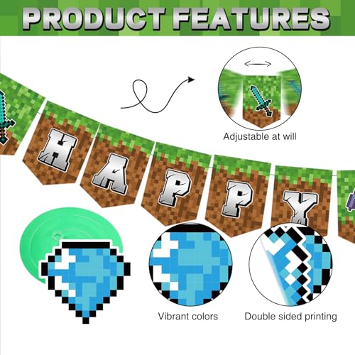 Image of Pixel Style Happy Birthday Party Banner Decorations, Mining Adventure Theme Party Banner, Cartoon Birthday Party Decorations Supplies