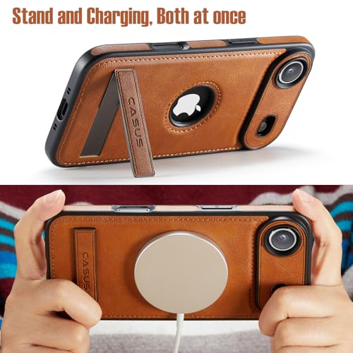 Image of Casus for iPhone Air Case Compatible with MagSafe Kickstand Vegan Leather Slim Classic Luxury Elegant Protective Cover with Tempered Glass Screen Protector (2025) 6.5 inch, Brown
