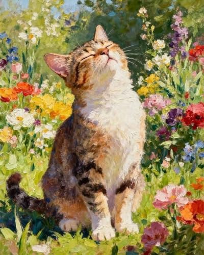 MBNTJHT Cat Paint by Numbers Kit for Adults Beginner Cat and Flower Paint by Number Kits on Canvas DIY Acrylic Oil Painting Art Crafts Kit for Home Wall Decor 16X20 Inch.