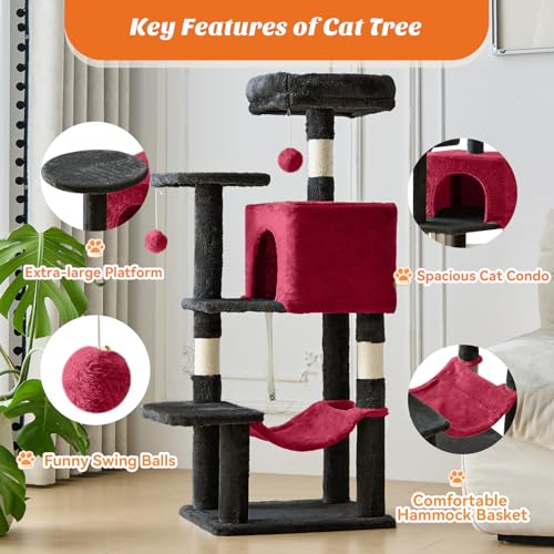 Image of Sweetcrispy 44 Inch Cat Tree Tower, Cat Climbing Tower with Natural Sisal Scratching Posts, Hammock, Pet Condo for Indoor Cats and Kittens Play, Black and Red