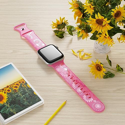 Image of Sunflower Engraved Band Compatible with Apple Watch Bands 38mm 40mm 41mm 42mm 44mm 45mm 49mm Women, Designer Soft Glossy Floral Silicone Strap for iWatch Series Ultra 11 10 9 8 7 6 SE 5 4 3 2 1
