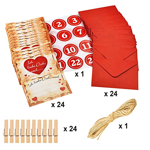 KOHMUI Adventskalender mit 24 Karten Ich Liebe Dich, Weil in 24 roten Umschlägen, Kärtchen mit 24 Zahlenaufkleber, Ein Natur Seil, 24 Holzklammern für Männer, Frauen, Paare