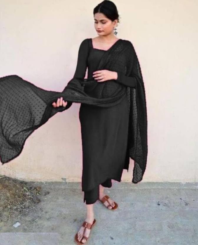 Image of Anveri Textiles Women's Cotton Blend Kurti with Square Neck Long Sleeves Solid Pattern A Line Style Ankle Length and Dupatta Set