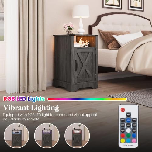 Image of Softa Nightstand Set of 2 with Charging Station & LED Lights, Rustic Bedside Table with Storage Cabinet and Shelf, Farmhouse Wooden End Table, Dark Gray