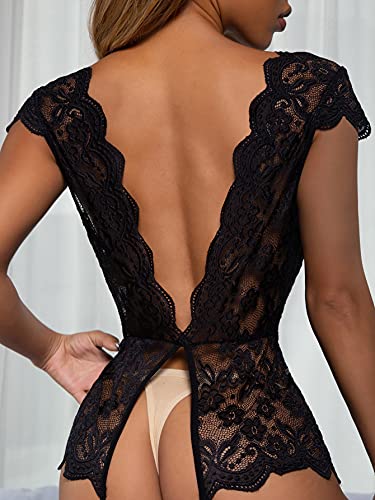 SheIn Women's Floral Lace Scallop Trim Lingerie Bodysuit One Piece Teddy Babydoll Black Large - Image 4