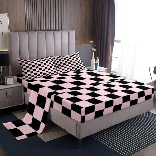Image of Erosebridal Plaid Bed Sheets Queen Pink Black Checkerboard Sheet Set Geometric Checkered Bedding Set for Kids Boys Girls,Aesthetic Grids Fitted Flat Sheets 4 Piece