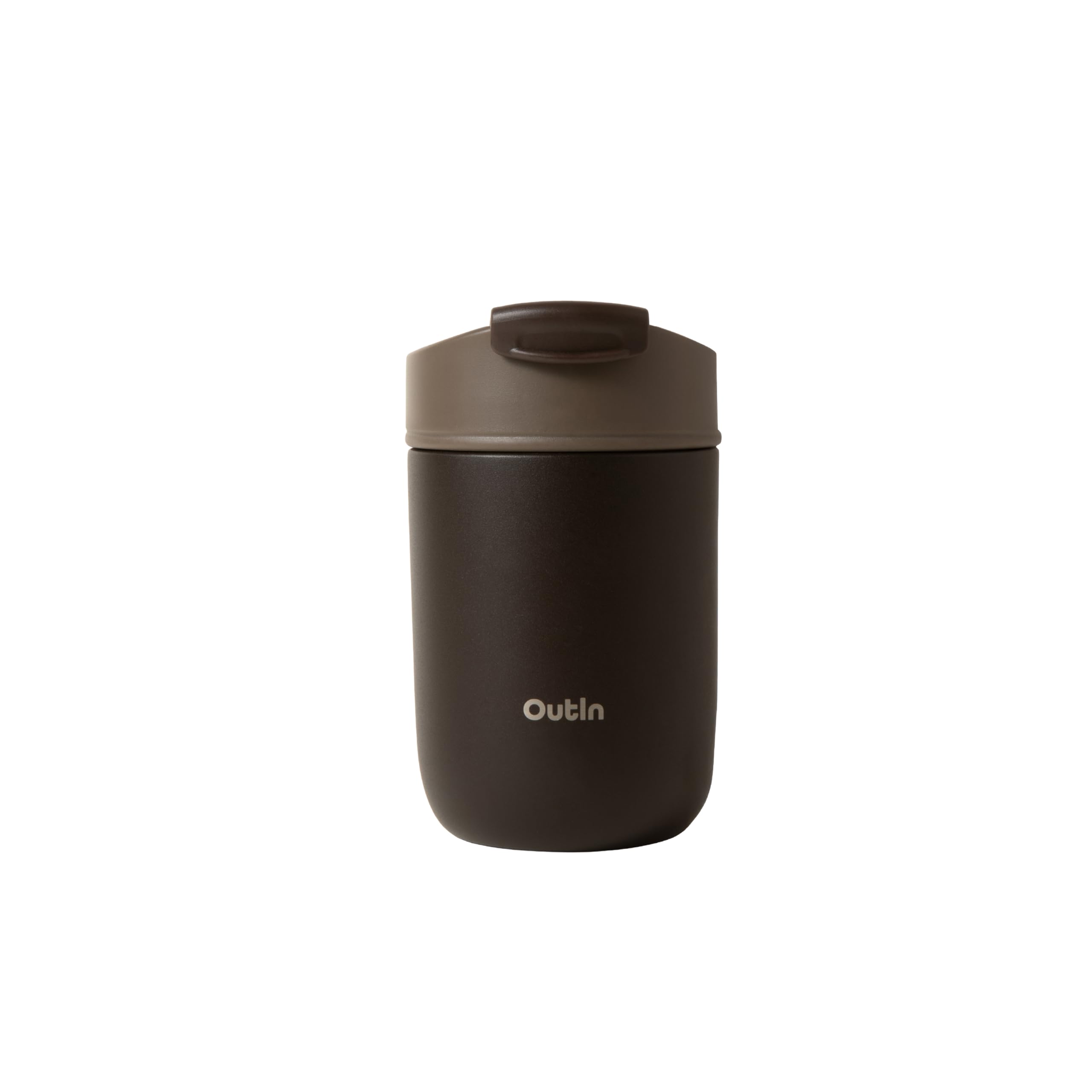 OutIn Travel Tumbler, vaso térmico de café estanco, 350 ml | Vaso de acero inoxidable con tapa abatible para bebidas calientes y frías, uso exterior, Terra Brown