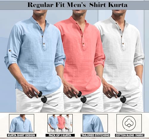 Image of Zombom Combo of Men's Solid Cotton Polyester Blend Full Sleeve Mandarin /Chinese Collor Straight Kurta Shirt (Pack of 3)