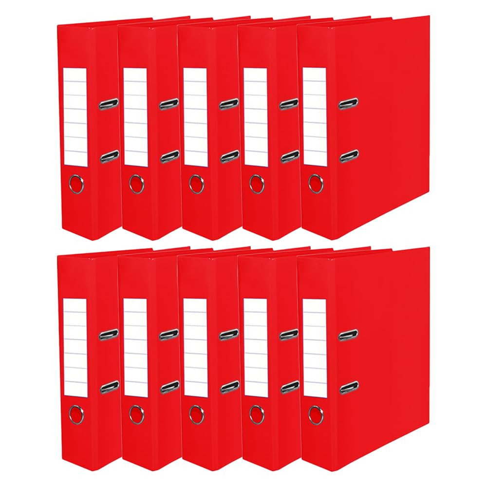 M1SS A4 Lever Arch File Pack of 10-75 mm Spine Large Capacity Plastic Cover File Folder Large Storage Folder Metal Edge & Finger Pull Stationery Document Storage Paper Office School (Red)