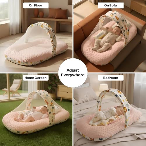 Image of StarAndDaisy Baby Carry Nest with Mosquito Net | Portable Baby Lounger for Infants (0-12 Months) | Foldable & Lightweight Travel Bed Soft & Breathable Fabric (Lion Print)