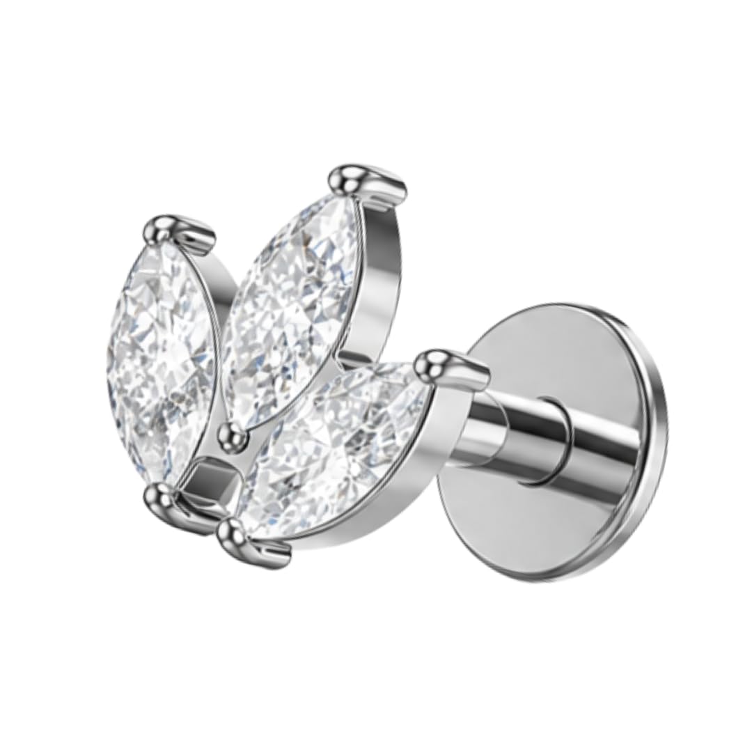 G23 Grade Titanium Marquise CZ Jeweled Leaf Set Internally Threaded Top with Flat Back Labret, 16G 1.2mm 6mm, 4mm CZ, Plain/Gold/Rose Gold PVD Cartilage Tragus Helix Piercing Jewellery, Single Piece-image-49