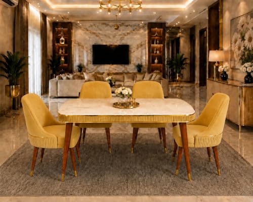 Image of WOODEN SPACE Majestic 4 Seater Wooden Dining Table Set | Urban Marble Top Dining Table with Chairs for Dining Room & Kitchen (Yellow Modern Grand Aura) (54 x 36 x 30 inch)