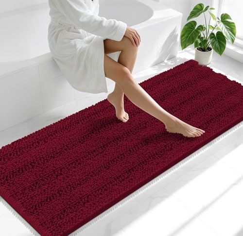 Image of Smiry Thick Chenille Bathroom Runner Rugs 70x24, Absorbent Striped Bath Mat, Machine Washable, Rubber Backing, Extra Long Bath Rugs for Tub & Shower, Modern Home Decor Accessories, Burgundy