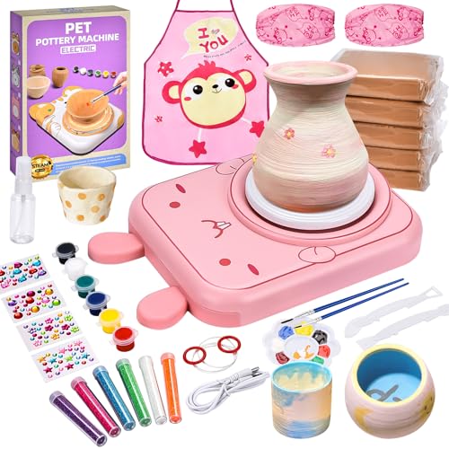 IEEILULU Töpferset für Kinder, Töpferscheibe Elektrisch für Kinder, Mini Töpferscheibe mit Töpferton, Farben, Diamant Aufkleber, Pottery Set DIY Töpfern Bastelset Geschenke Mädchen (Katzen)