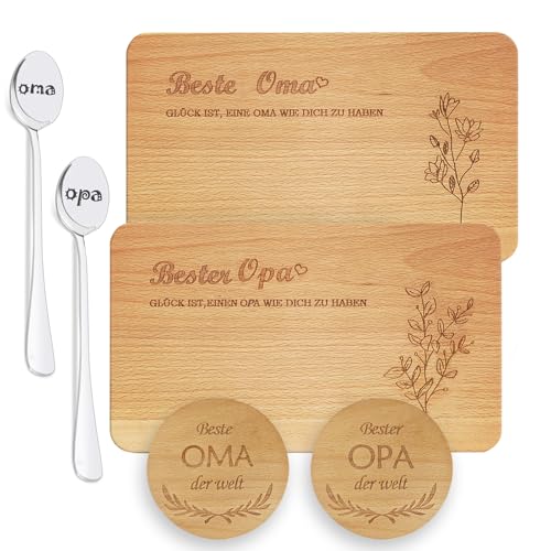 6 Stück Oma und Opa Geschenk 2 Stück Frühstücksbrettchen Holz 2 Stück Untersetzer und 2 Kaffeelöffel Gravur Buchenholz Frühstücksbrettchen Geschenkidee zum Geburtstag oder zu Weihnachten