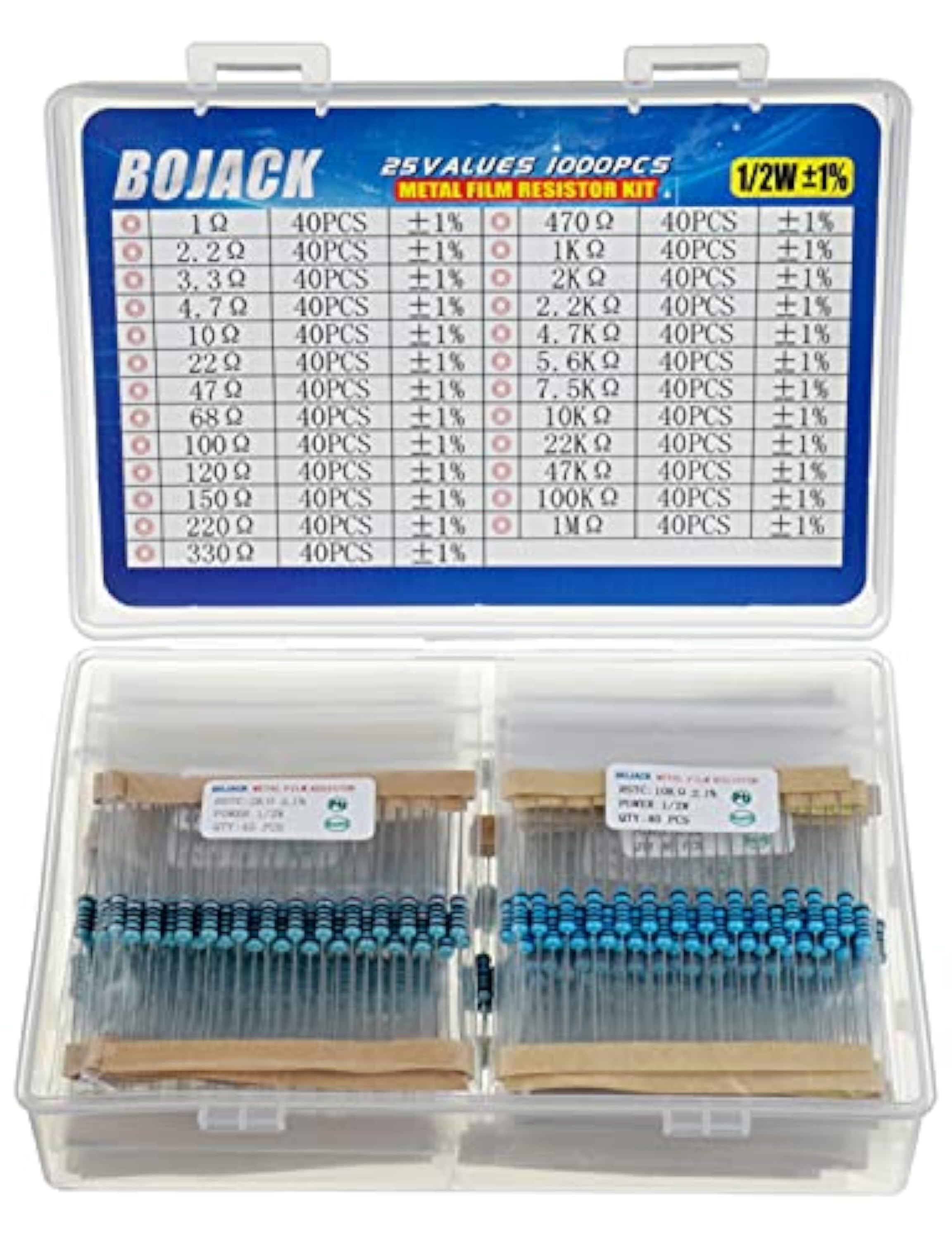 BOJACK Kit Surtido de Resistencias 1 Ohm - 1M Ohm 1/2W Resistencias de Película de Metálica Kit de Resistencia (25 Valores 1000 Piezas)