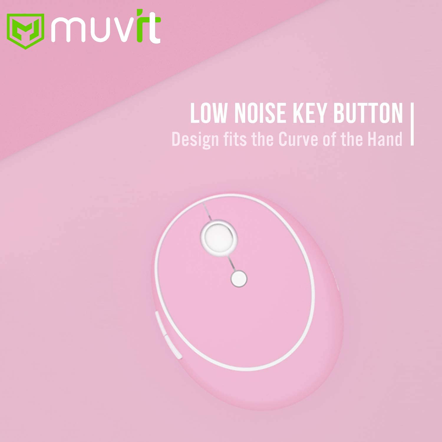 Close-up of the Muvit Wireless Candy Mouse, emphasizing low noise key button and ergonomic design.