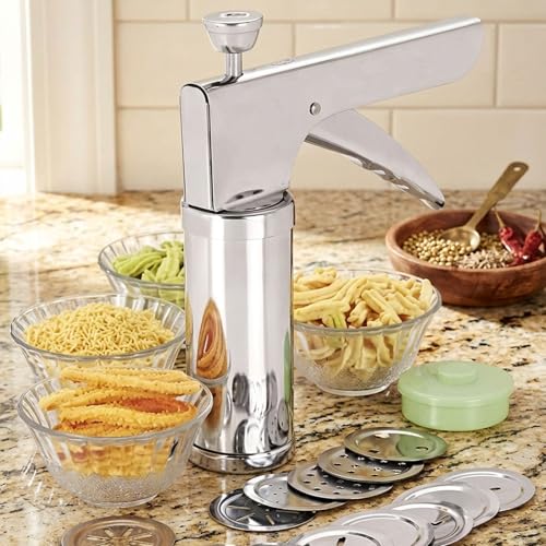 Image of we3 Stainless Steel Kitchen Press with 15 Different Types of Jalies Sev Maker, Idiyappam Press, Murukku Machine, Noodle & Namkeen Maker, Gathiya Maker Multipurpose Snack Maker