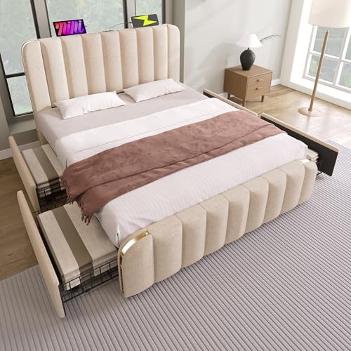 SCHGKOY Cama tapizada doble 140 x 200 cm, marco de cama, cabecero acolchado con rayas doradas, con 4 cajones, con somier, con cabecero, cama juvenil, material de lino, beige