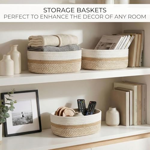 Image of 100% Natural Jute small box mini rope paper storage Round hamper baby nursery tray bucket for Living Kitchen, Office, Drawing Room,fruits, kitchen, office, Set of 3 (white beige 3 set)