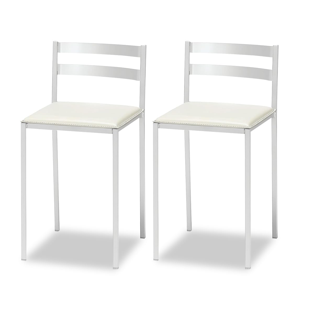 ASTIMESA 2 Kitchen Stools with Low Backrest, Horizontal Stripes and Upholstered Seat – White Structure – White Leatherette Seat