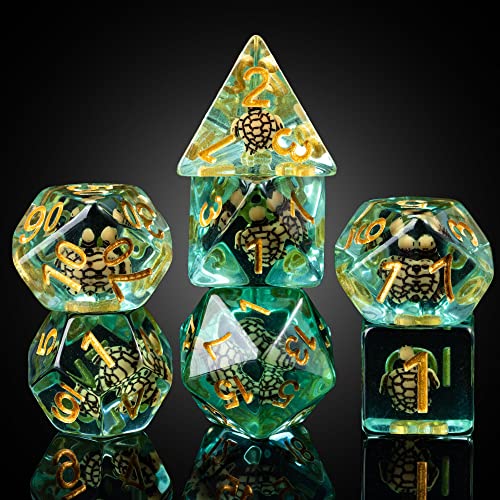 Image of Cusdie 7-Die DND Dice, Polyhedral Dice Set Filled with Animal, for Role Playing Game D&D Dice (Brown Turtle)