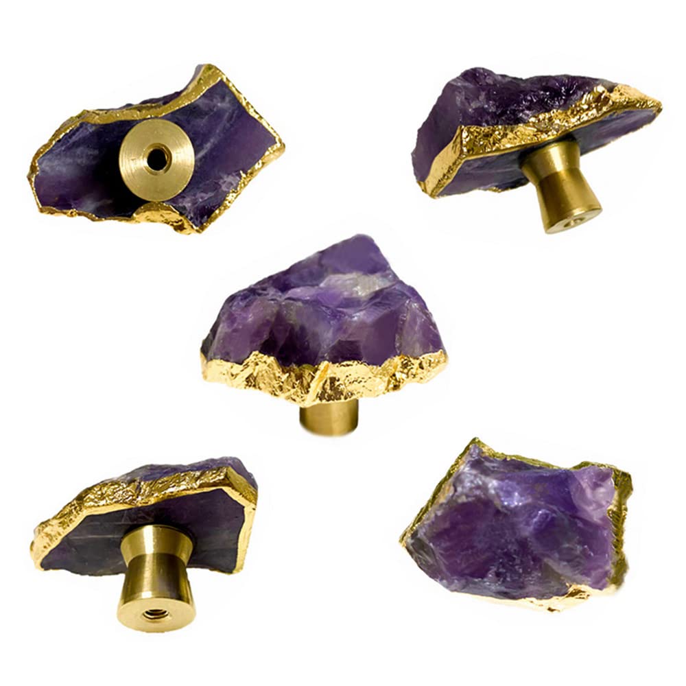 uulu 5Pcs Amethyst-Gems-Knobs, Golden-Edge-Purple-Crystal-Stone-Pulls, Drawer-Stone-Knobs, Cabinet-Gemstone-Furniture-Decor-Pulls (5)
