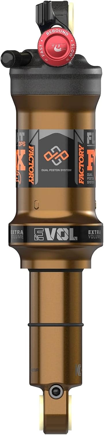 Rear view of the FOX FLOAT DPS FACTORY rear shock, showing the rebound adjustment dial and the 3-position switch.