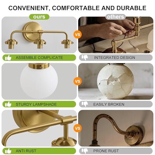 Image of Bathroom Light Fixtures 18.26in 3Light Brushed Gold Vanity Light for Mirror | Bathroom Lighting Fixtures over Mirror, ETL, Brushed Brass Wall Sconce, Dimmable E12 Base Max 60W, Milky Glass Ball Shades