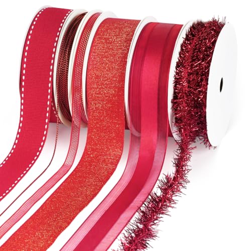 LaRibbons Red Christmas Ribbon Set, 6 Rolls for Gift Wrapping & Decor