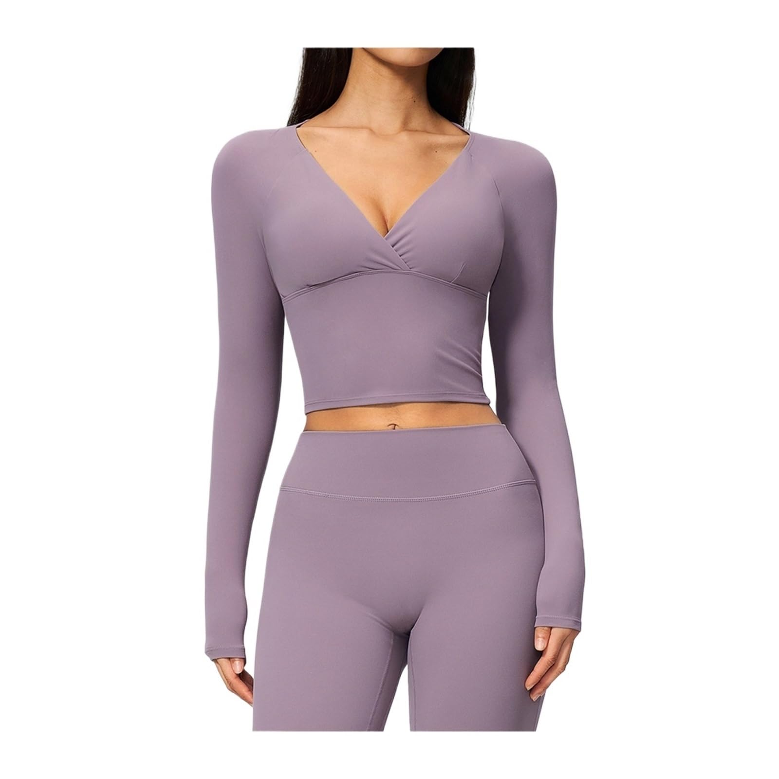 Top Yoga a Maniche Lunghe Donna T-Shirt da Yoga a V Profonda Donna | Camicie da palestra for corsa fitness a maniche lunghe sportive slim fit Manica lunga sportiva