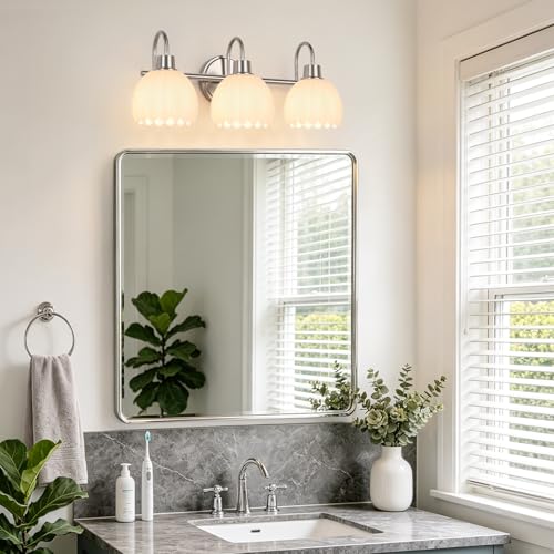 Image of Bathroom Light Fixtures, 3-Light Brushed Nickel Bathroom Vanity Light Over Mirror with White Tulip Glass Shades, Vanity Light Fixture for Bedroom, Living Room & Hallway (Bulbs Not Included)
