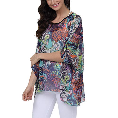 Image of Ckikiou Plus Size Batwing Flowy Semi Sheer Chiffon Blouse Tunic for Women Summer Floral Print Boho Beach Cover ups