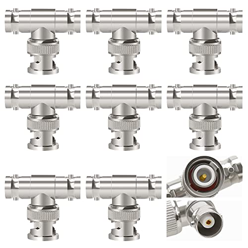 KUOQIY 8 PCS 3-Way BNC Male to Dual Female Adapter, T-Type BNC RF Coaxial Connector for Coaxial Cable CCTV, Antenna