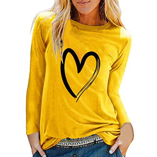 Womens 2024 Sexy Crewneck Flattering Tops Trendy Casual Heart Print Tee Shirts Solid Color Flowy Spring T Shirts Cute Yellow
