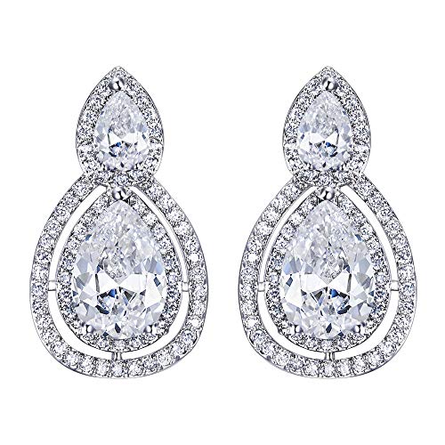 BriLove Wedding Bridal Clip On Earrings for Women Cubic Zirconia Teardrop Hollow Infinity Figure 8 Dangle Earrings Clear Silver-Tone