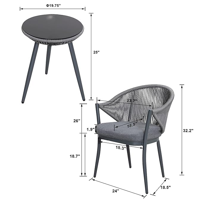 3-Piece Outdoor Balcony Garden Furniture Set with Patio Coffee Table and Two Rope Braid Chairs with Cushions for Balcony Terrace Lawn Patio Garden and Outdoor Living Comfortable Seating Furniture Set 3