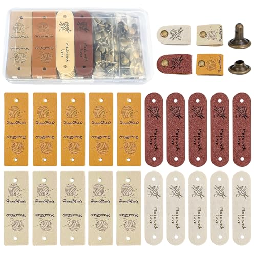 CATELL 20 Piezas Etiquetas Personalizadas, Etiquetas Hechas a Mano con Agujeros Etiquetas Hecho a Mano de Cuero PU para Ropa Coser DIY Sombreros Artesanía Tela Bolsos (4 Estilos)