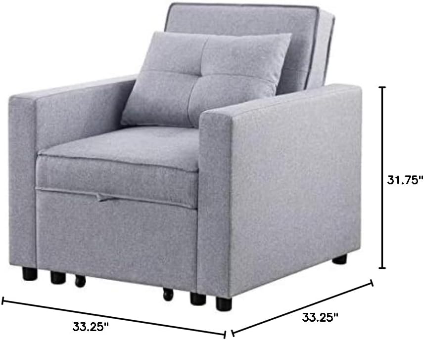 BOWERY HILL 3-in-1 Convertible Sleeper Chair, Light Gray Linen Fabric, Compact Design with Side Pocket, Pillow Included, Foam Seat with Pocket Coil Springs, Multi-Functional Chair, Lounger, or Bed