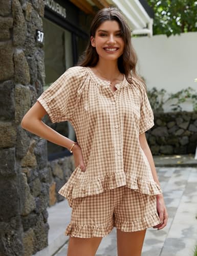 Flygo Womens Gingham Pajamas Set 2 Piece Cotton Pj Lounge Sets Puff Sleeve Ruffle Babydoll Shirt Shorts Summer Outfits3