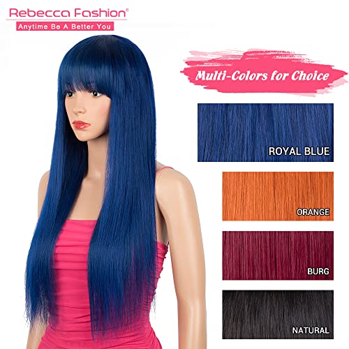Rebecca Fashion Halloween Wigs, Royal Blue Wigs With Bangs Human Hair, 24“ Silky Straight Wigs For Black Women, Colored Hair Wig 100% Human Hair Wigs For Cosplay #TOP2