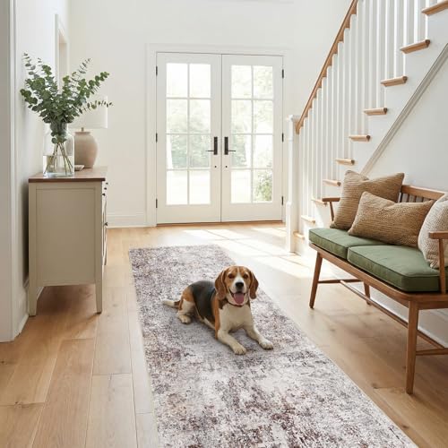 2x8 Washable Kitchen Runner Rug: Modern Abstract Low Pile Rugs BrickGray