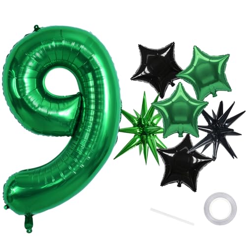Image of TONIFUL 9th Birthday Balloons 40 Inch Green Large Number 9 Foil Balloon 18 Inch Helium Mylar Heart Star Shaped Ballons for Boys Men Birthday Anniversary Graduation New Year Eve Party Decoration