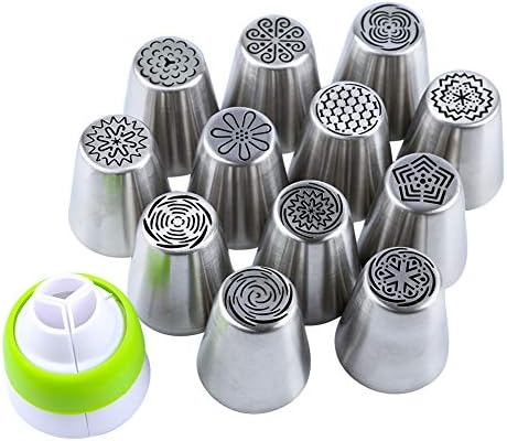 KTTGYRE Russian Piping Nozzles Tips Stainless Steel Cake Flower Piping Tips Decorations Tools Set with 1 Coupler Syringe Pack of 12