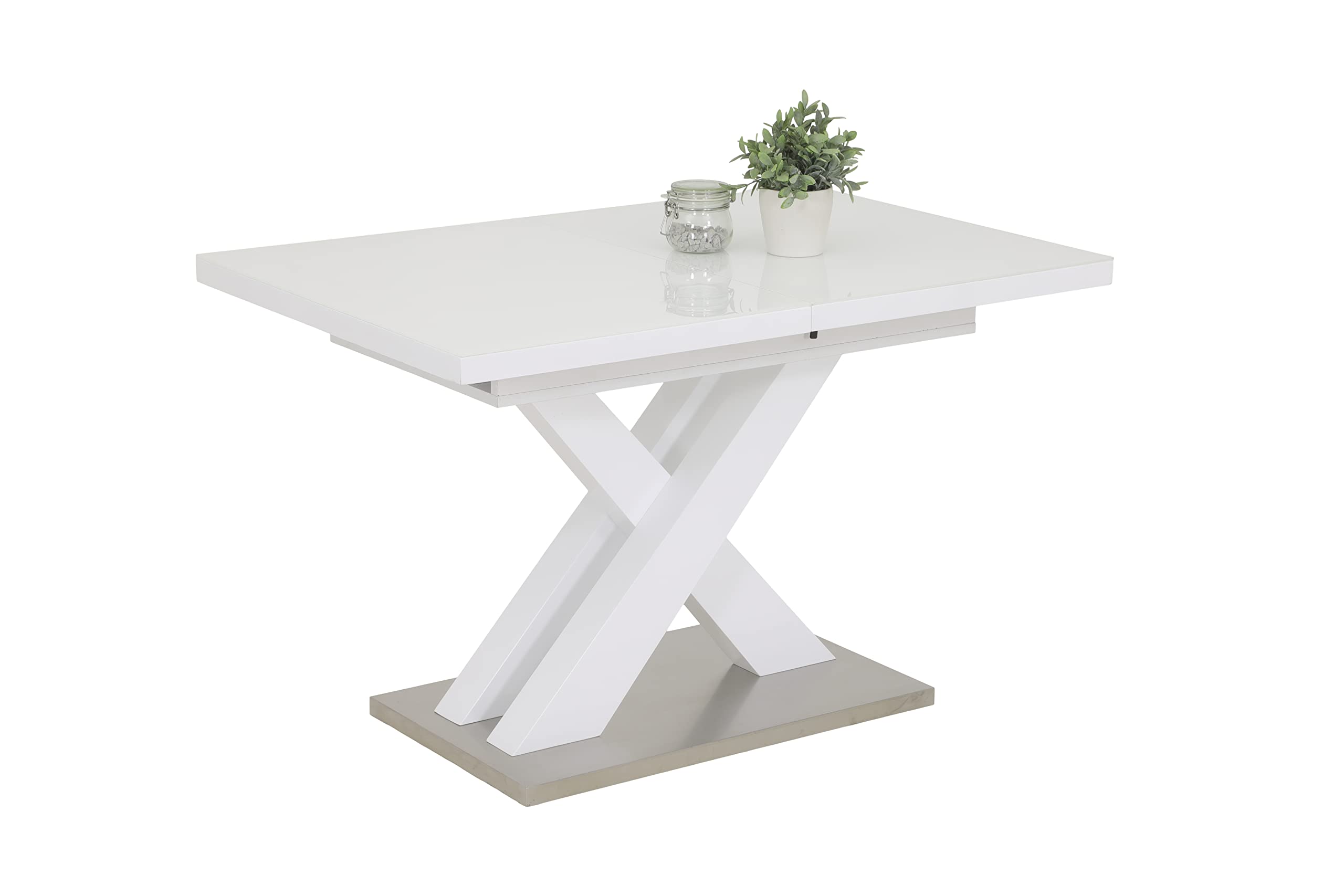 Hela Tische, Säulentisch Elvira, Holzwerkstoff lakiert, Hochglanz Weiß + 4mm Glasplatte, Bodenplatte Edelstahl, ausziehbar 120-160x80cm