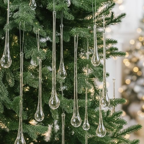 Image of 22 Pcs Clear Glass Teardrop Christmas Ornaments Crystal Raindrop Hanging Ornaments Crystal Chandelier Drop Pendant Icicles Decorations for Christmas in July Tree Party Supplies (4 Large Size)