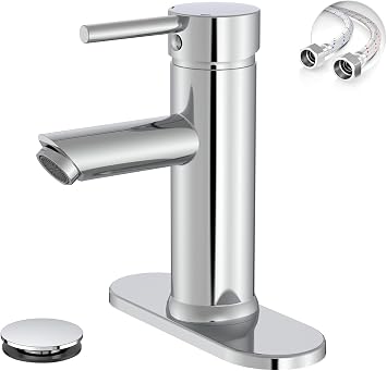 Chrome Bathroom Faucets, Single Handle Bathroom Faucet 1 Hole Bathroom Sink Faucet Modern Commercial Lavatory Vanity Faucet with Cover Plate Pop Up Drain with Overflow Included, Brass